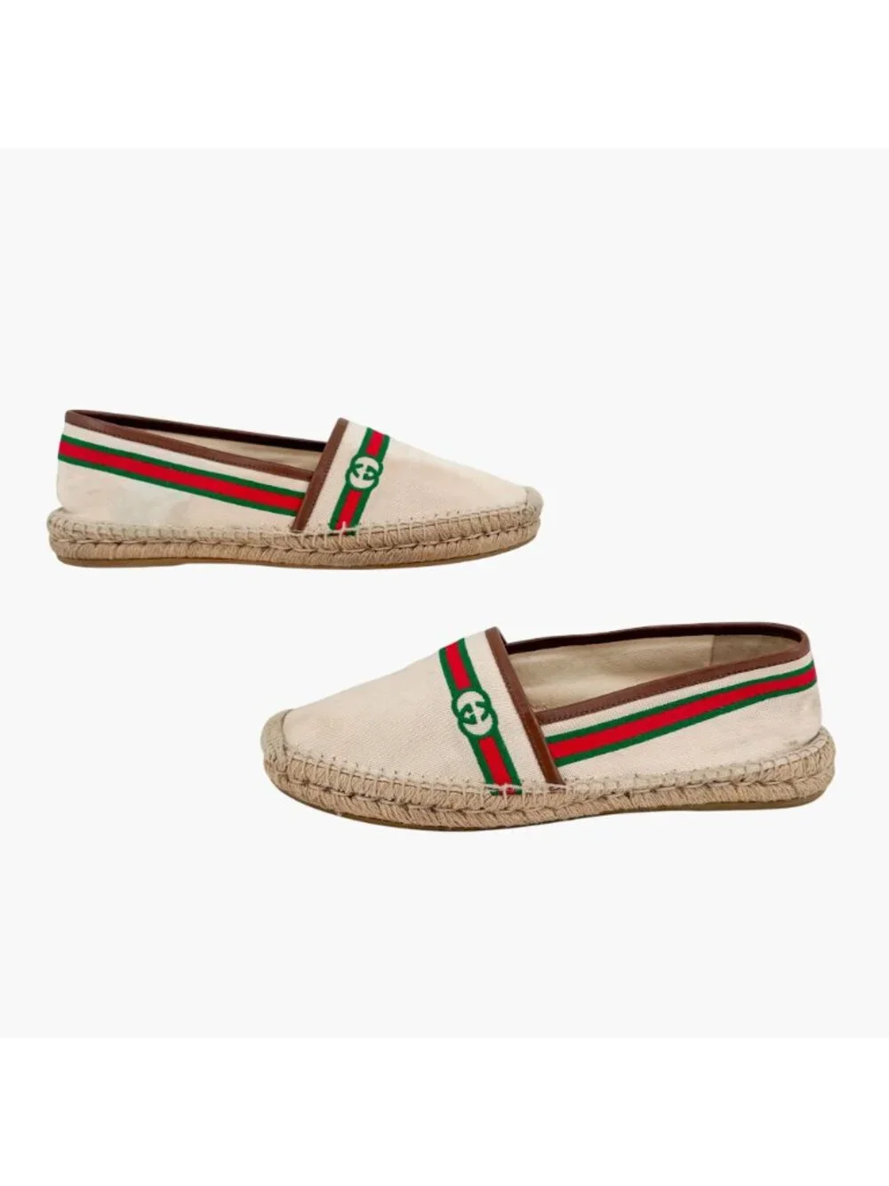 Gucci Interlocking GG Web Espadrille Flats Beige Canvas Size 41 US 11 Women’s